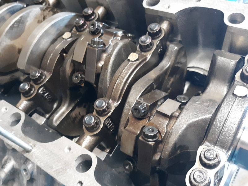 Hot tanked block, crank journals polished, king main and rod bearing, and new pistons with rings gapped for boost.